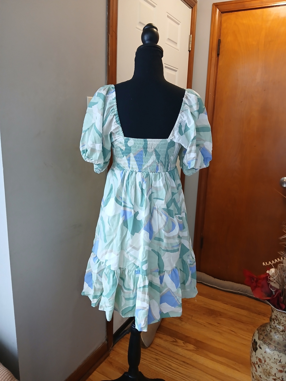 Nine West Smocked Pastel Mint Puff-Sleeve Mini Dress Multi Color Women's XS - Picture 6 of 8